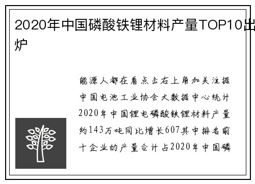 2020年中国磷酸铁锂材料产量TOP10出炉