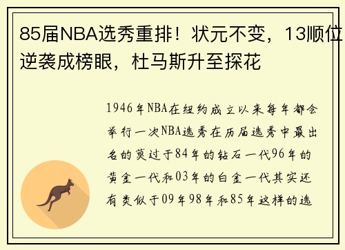 85届NBA选秀重排！状元不变，13顺位逆袭成榜眼，杜马斯升至探花