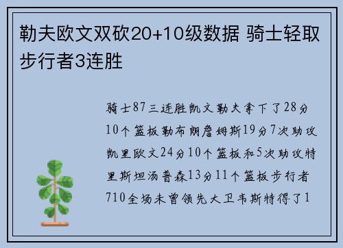 勒夫欧文双砍20+10级数据 骑士轻取步行者3连胜