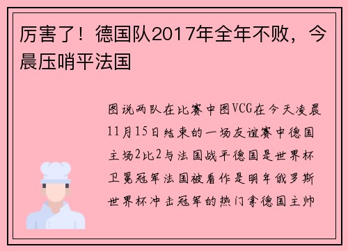 厉害了！德国队2017年全年不败，今晨压哨平法国