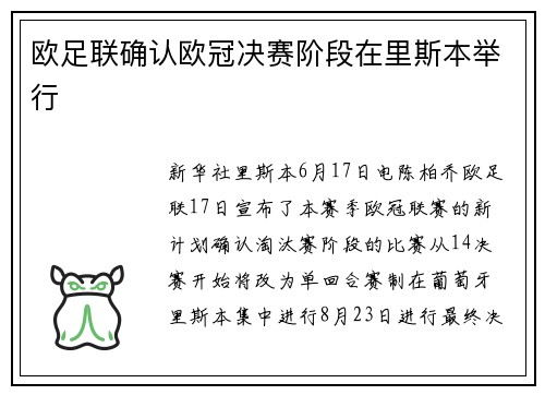 欧足联确认欧冠决赛阶段在里斯本举行