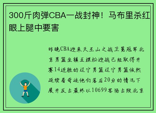 300斤肉弹CBA一战封神！马布里杀红眼上腿中要害