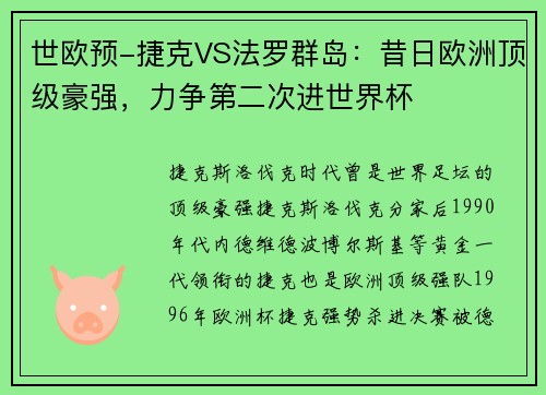 世欧预-捷克VS法罗群岛：昔日欧洲顶级豪强，力争第二次进世界杯
